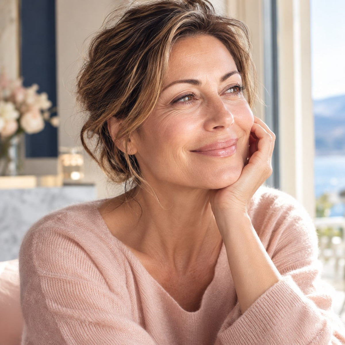 Donna di circa 50 anni sorridente alla luce naturale con pelle distesa e luminosa