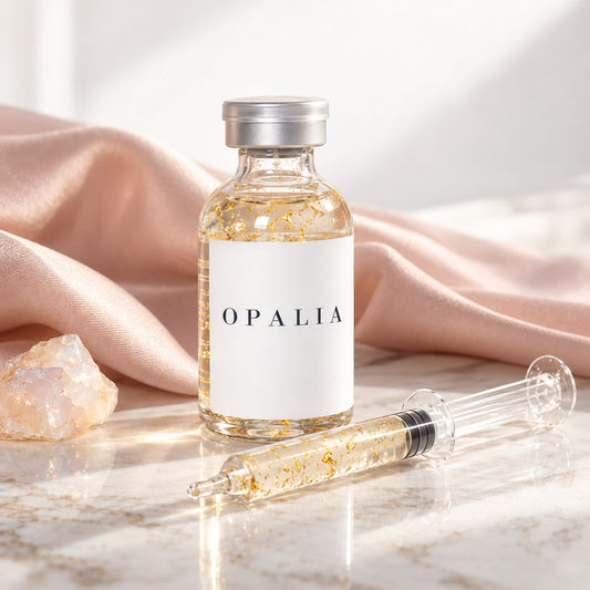 Siero Fili d’Oro al Collagene Opalia, fiala in vetro con fili dorati e dosatore a siringa