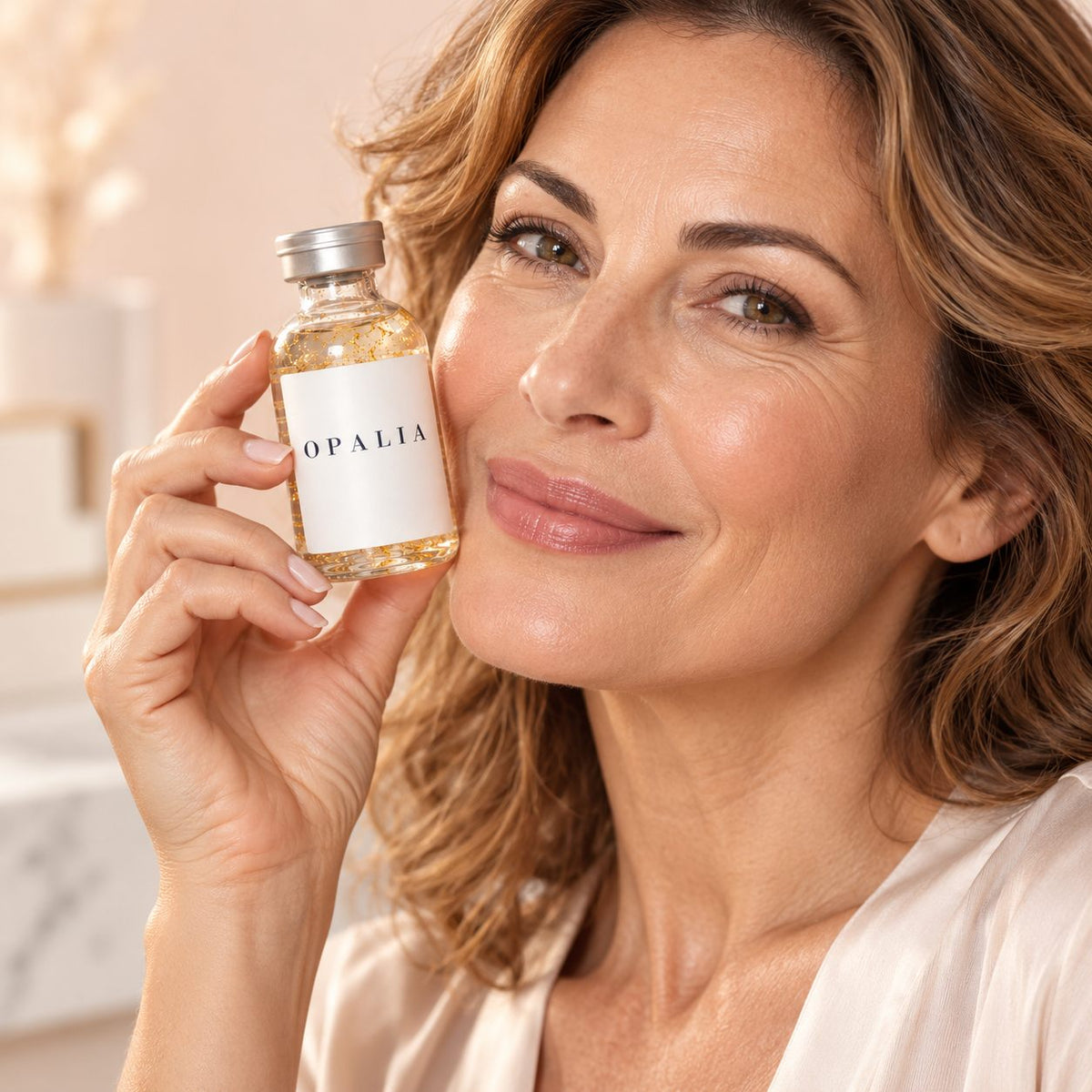Donna con la fiala di siero Opalia vicino al viso