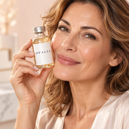 Donna con la fiala di siero Opalia vicino al viso